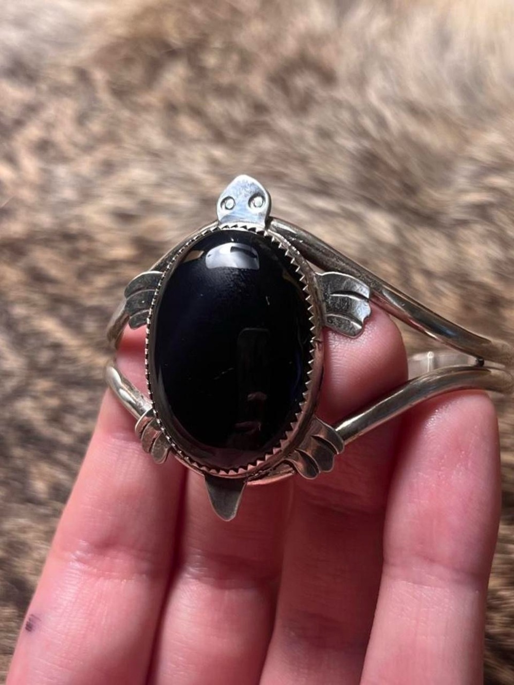 Sterling silver Navajo Dorothy Secatero turtle onyx cuff bracelet